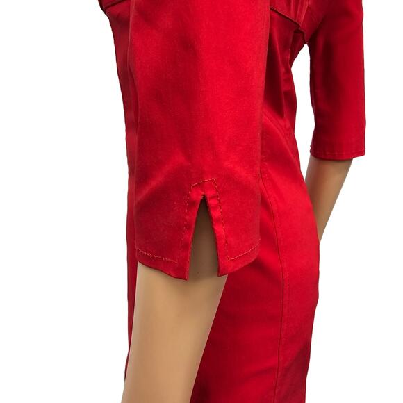 ZARA Red Dress Women M Empire Waist w Belt Buckle On Off Shoulder 3/4 Sleeve - Picture 11 of 13